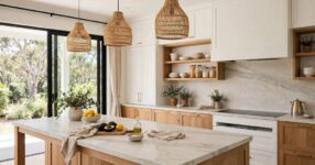 Modern Australian kitchen renovation with white cabinetry and stone benchtop