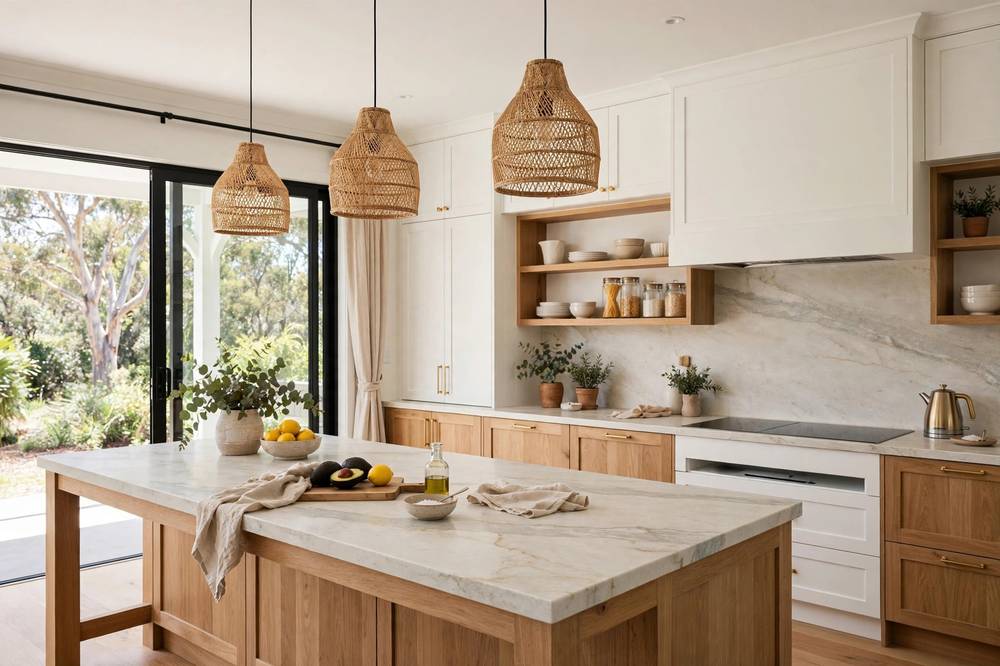 Modern Australian kitchen renovation with white cabinetry and stone benchtop