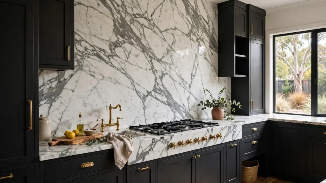 Full-height marble-look stone splashback behind a gas cooktop