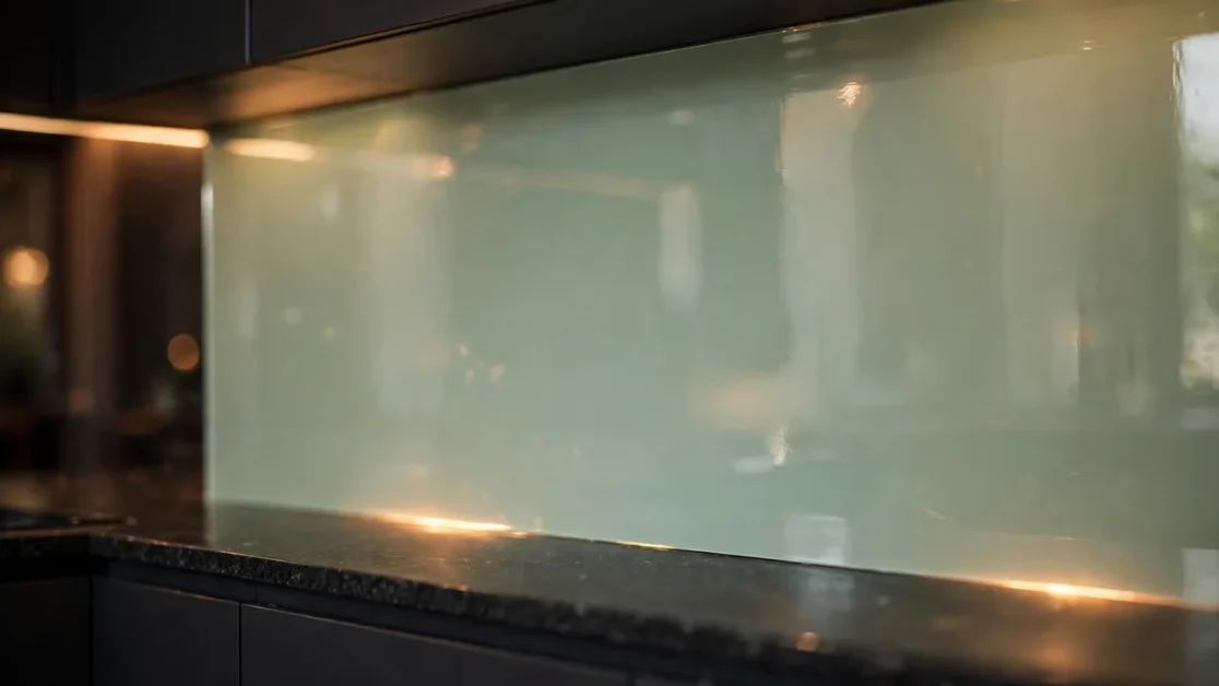 Back-painted glass kitchen splashback in sage green