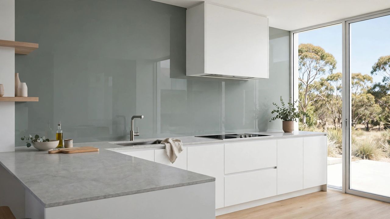 Seamless back-painted glass splashback in a soft grey-green tone in a contemporary Australian kitchen