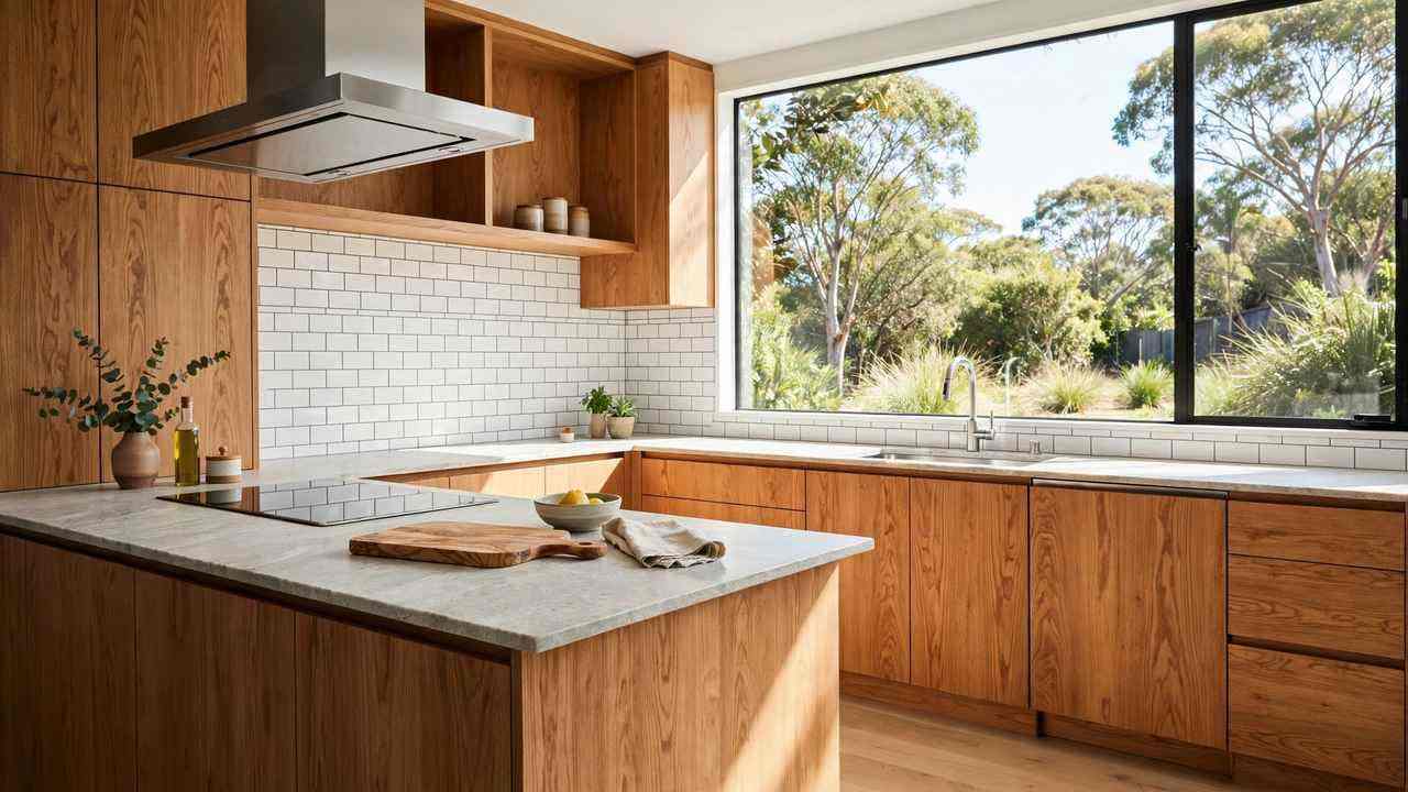 Modern Australian kitchen with a white subway tile splashback, timber cabinetry and bright natural light