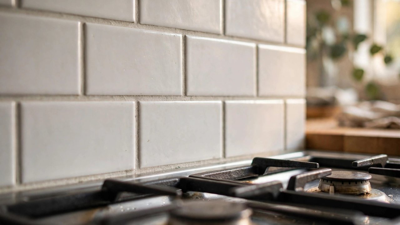 Close-up detail of a white subway tile splashback with tonal grout behind a cooktop in an Australian kitchen