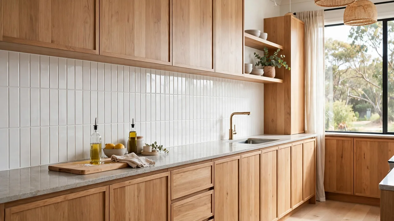 Kitchen splashback cost in Australia: white subway tile splashback with timber cabinetry