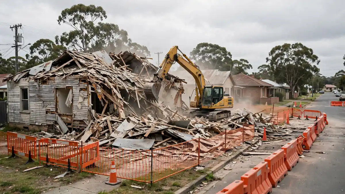 Excavator demolishing an old weatherboard house on an Australian suburban block