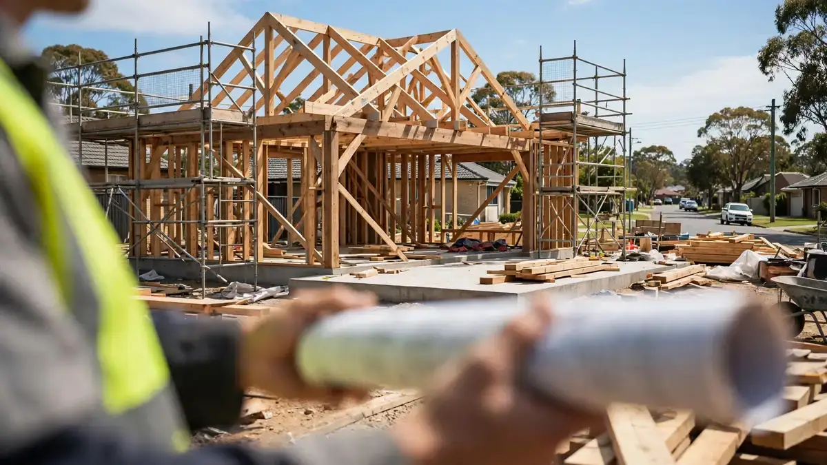 New Australian home under construction at timber frame stage with building plans
