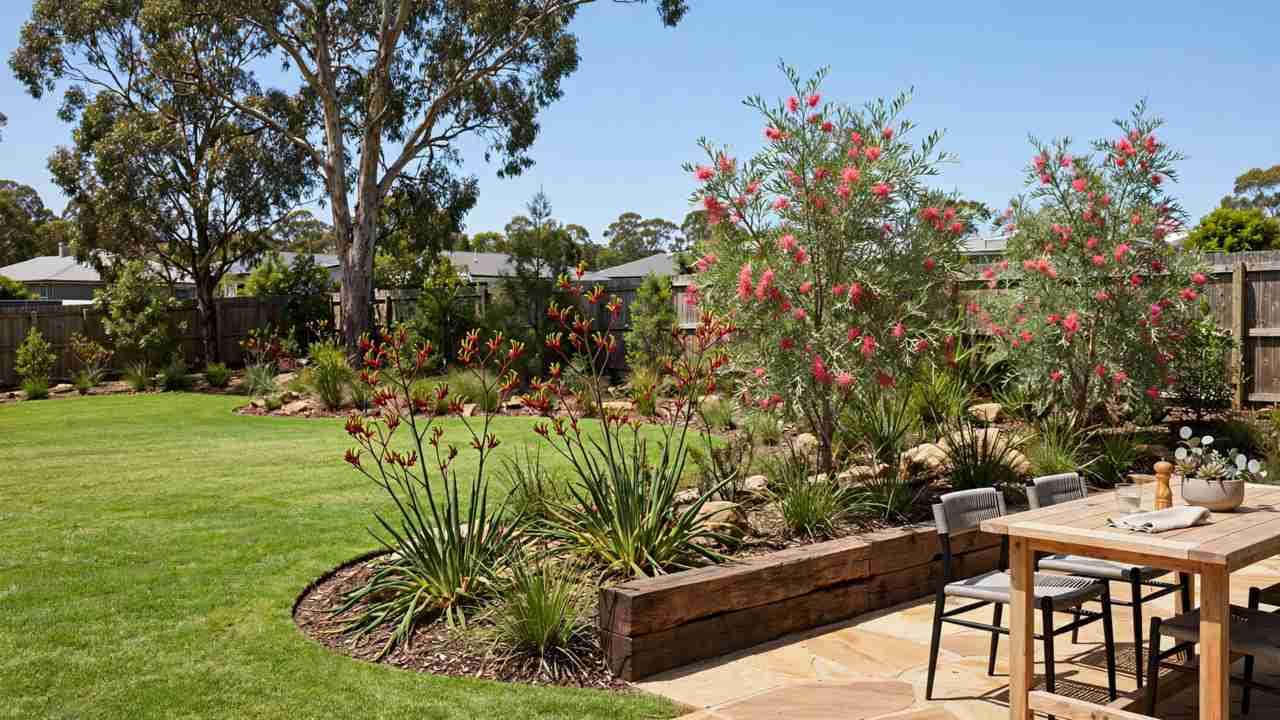 Newly landscaped Australian backyard with fresh turf lawn, native garden beds, sandstone patio and timber retaining wall