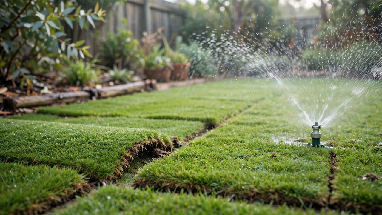 Freshly laid turf lawn being watered by a sprinkler in an Australian backyard