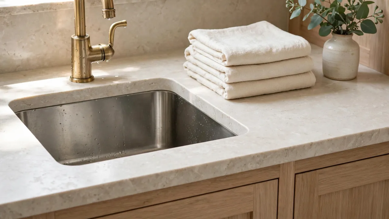 Inset stainless laundry trough with brass mixer on a stone benchtop