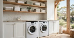 Modern laundry renovation in an Australian home with white cabinetry and timber benchtop