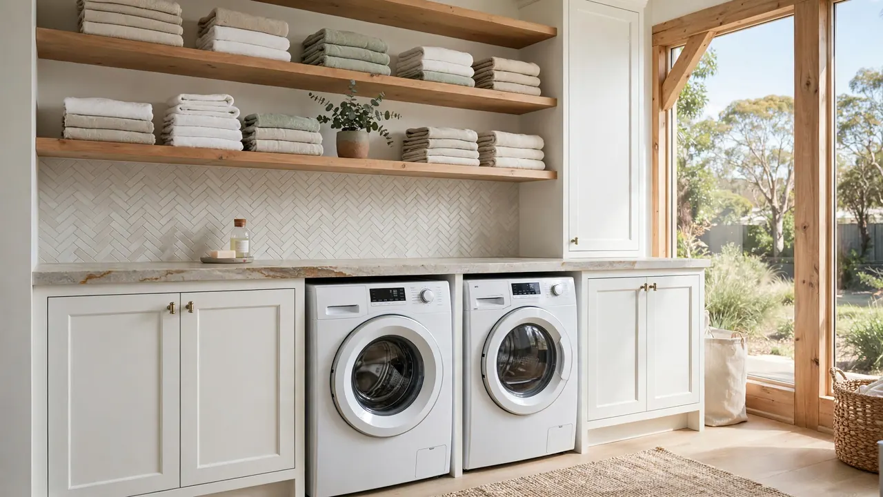 Modern laundry renovation in an Australian home with white cabinetry and timber benchtop