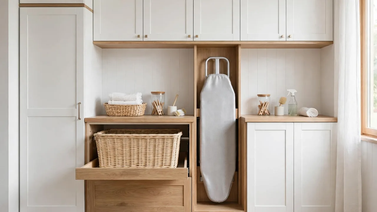 Laundry storage wall with full-height cupboard, ironing board nook and pull-out laundry basket