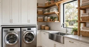 Bright modern laundry room with white cabinetry and stone benchtop in an Australian home
