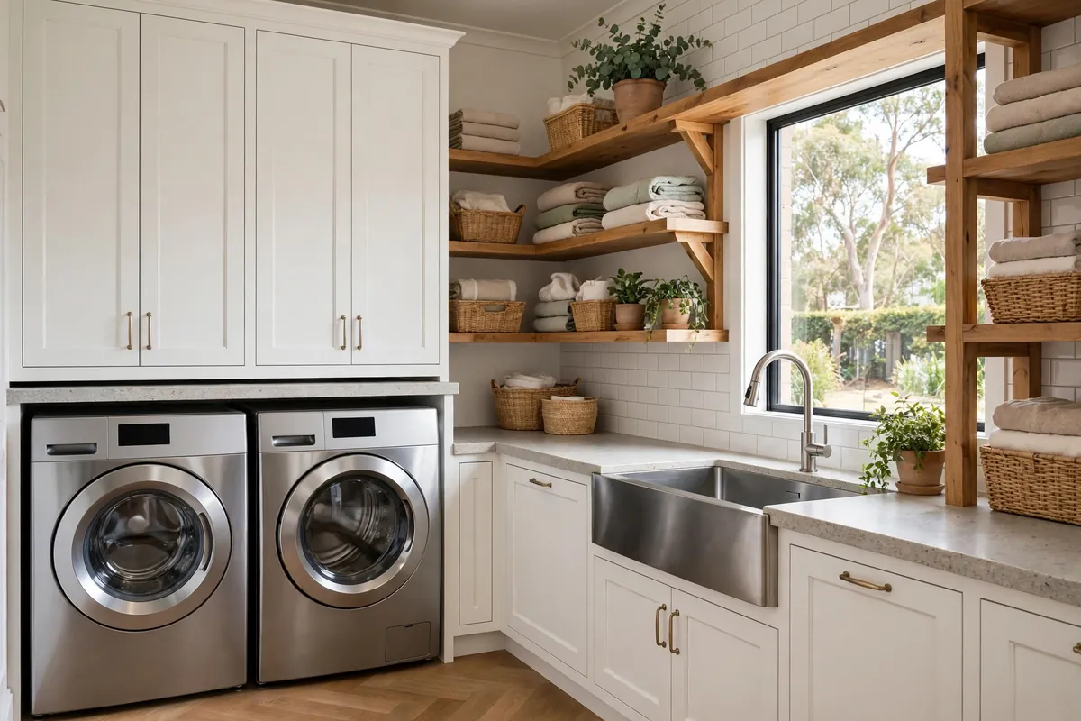 Bright modern laundry room with white cabinetry and stone benchtop in an Australian home