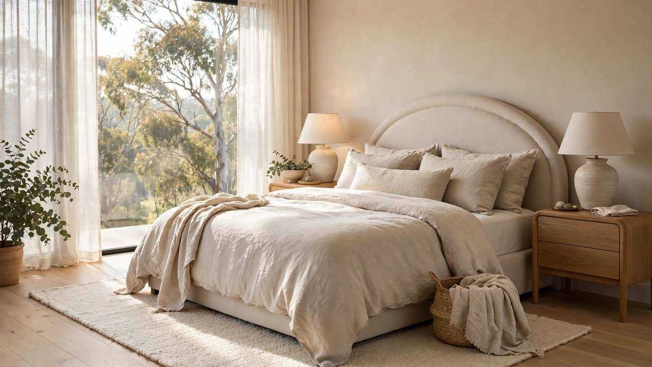 Bright styled master bedroom with upholstered bed, bedside tables, lamps and sheer-curtained windows