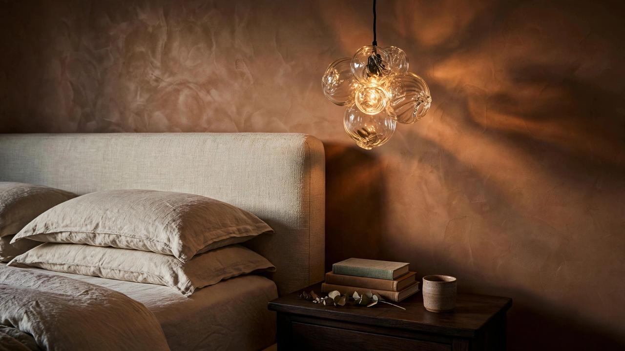 Warm glowing glass pendant light beside a king bed in a master bedroom at dusk, with layered linen bedding and a clay-toned feature wall