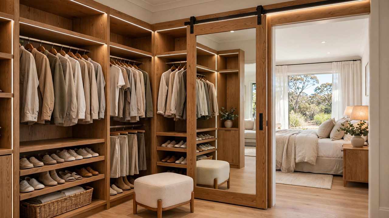 Walk-in wardrobe in an Australian master bedroom with warm oak joinery, soft LED strip lighting, hanging clothes in neutral tones and a full-length mirror