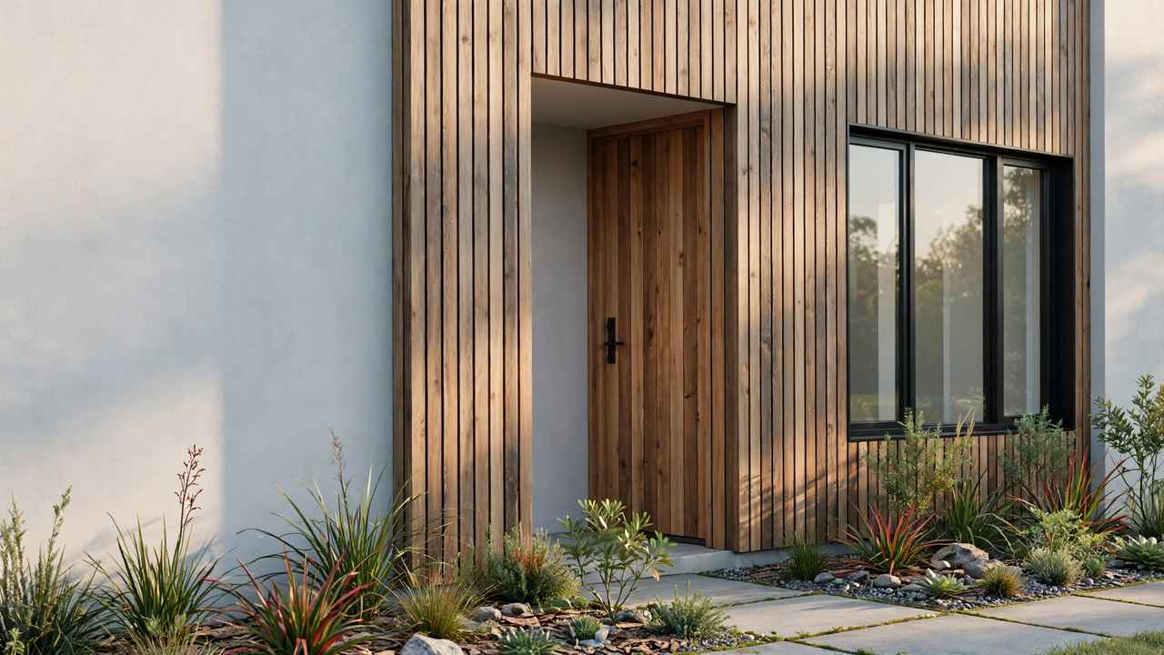 Modern Australian new-build facade detail with vertical cladding, timber entry door and black-framed windows