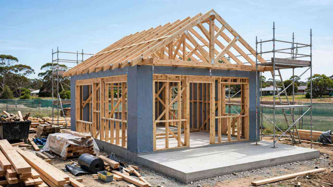 Timber wall frame and roof trusses under construction on a concrete slab at an Australian building site