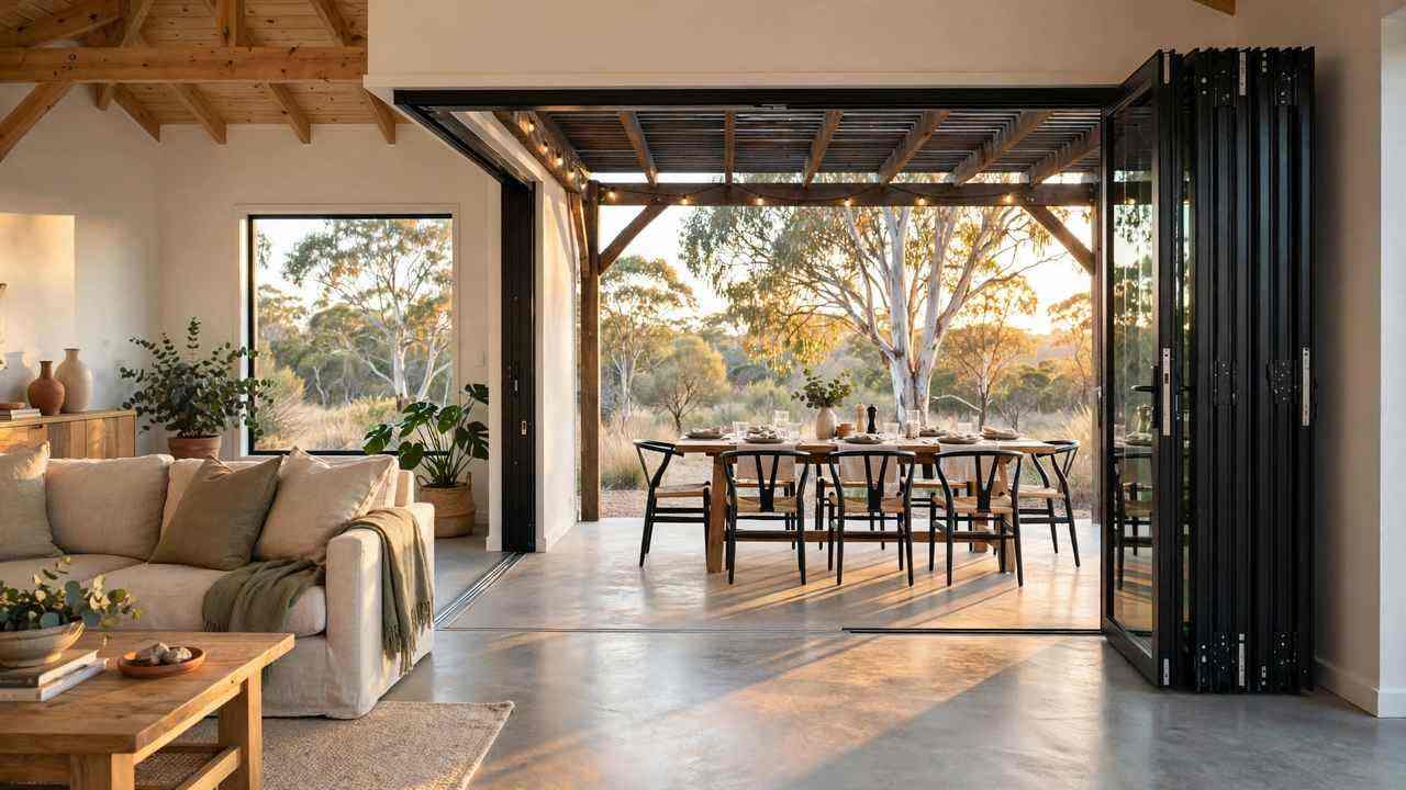 Indoor-outdoor living with open aluminium stacker doors connecting a bright living room to a covered alfresco patio with outdoor dining