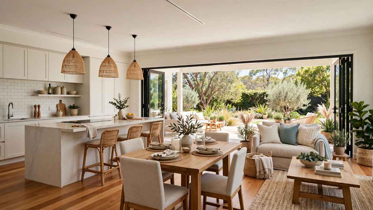 Bright open-plan living room with dining area, large windows and sliding glass doors opening to the outdoors