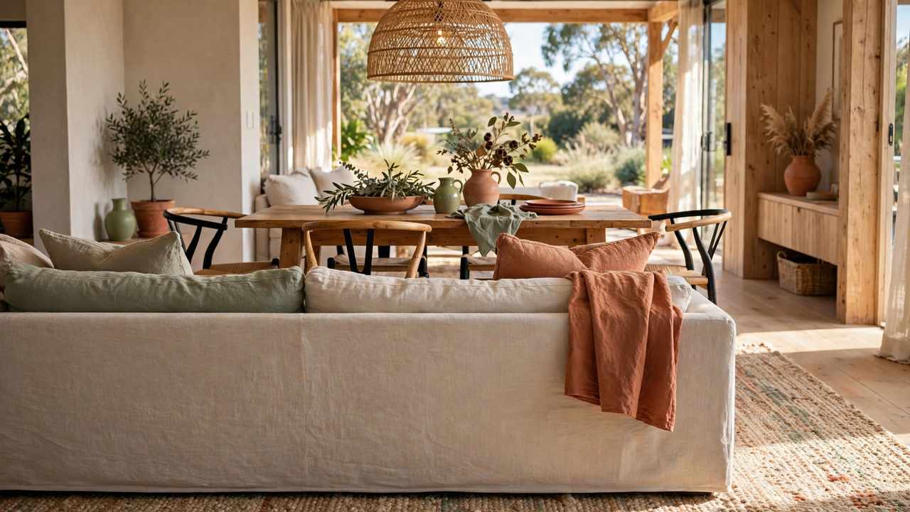 Zoned open plan living area showing a low sofa backing onto a dining space, large rug anchoring the seating zone and pendant light over the table