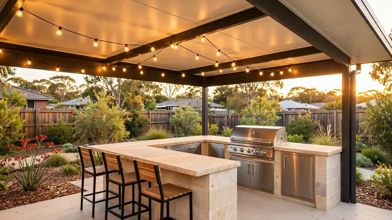 Covered alfresco outdoor kitchen with stone benchtop and built-in BBQ in an Australian backyard