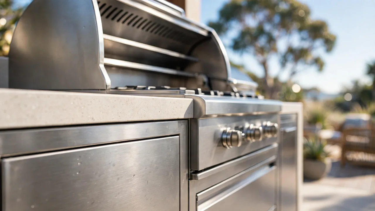 316 marine-grade stainless steel outdoor kitchen cabinetry with porcelain benchtop and built-in BBQ