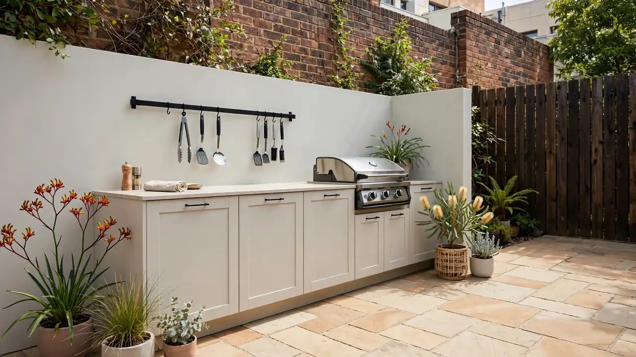 Compact outdoor kitchen in a small Australian courtyard with straight bench run and built-in BBQ