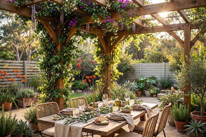 Elegant Australian backyard pergola with climbing plants and outdoor dining setting