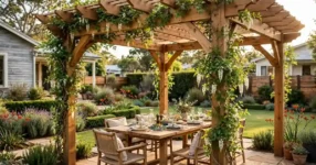 Timber pergola with outdoor dining setting in an Australian backyard garden