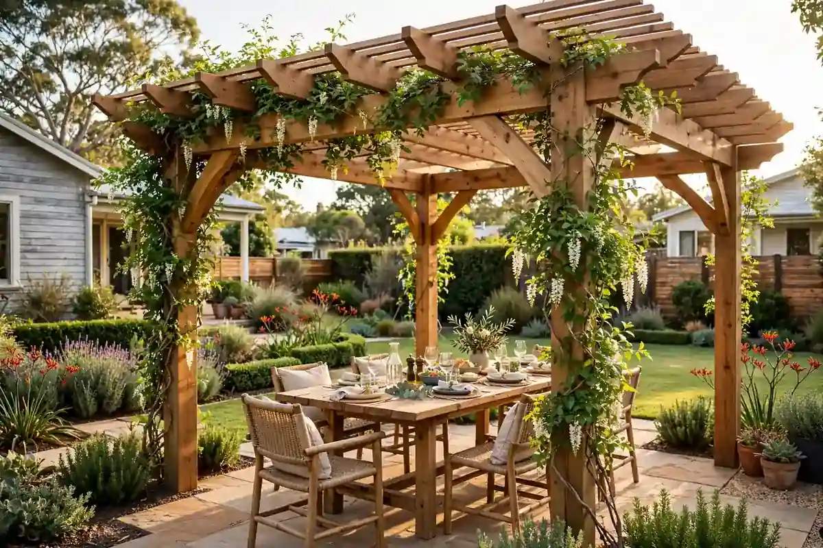 Timber pergola with outdoor dining setting in an Australian backyard garden
