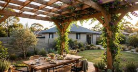 Timber pergola with climbing plants over an outdoor dining table in a suburban Australian backyard