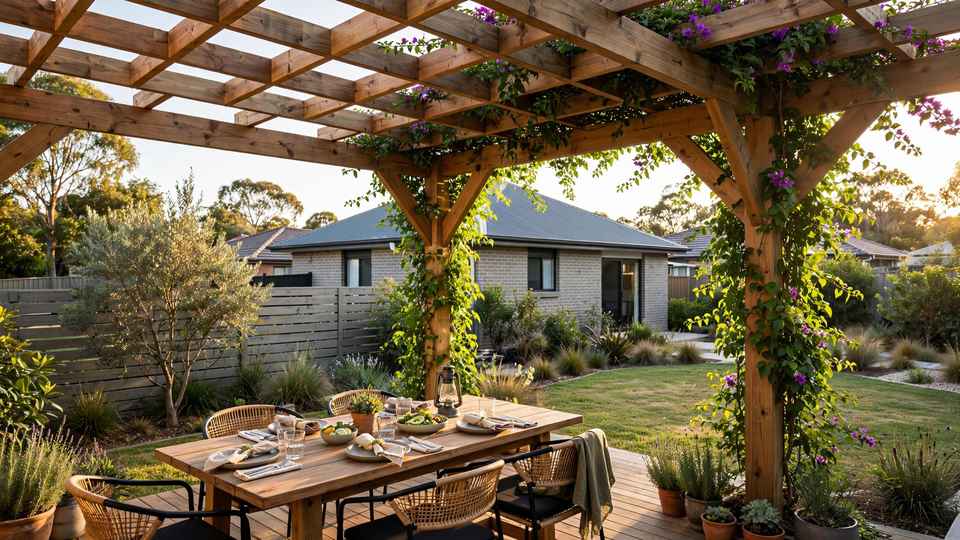 Timber pergola with climbing plants over an outdoor dining table in a suburban Australian backyard