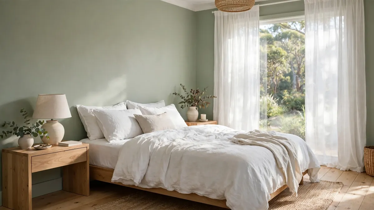 Serene Australian bedroom with walls painted in soft sage green, a popular 2026 interior paint colour