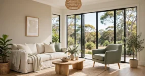 Warm neutral Australian living room with sage green armchair, painted in a popular interior paint colour for 2026