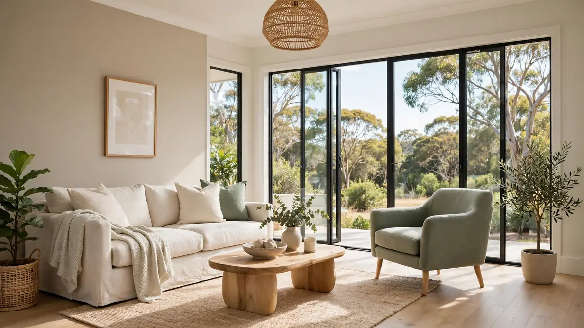 Warm neutral Australian living room with sage green armchair, painted in a popular interior paint colour for 2026
