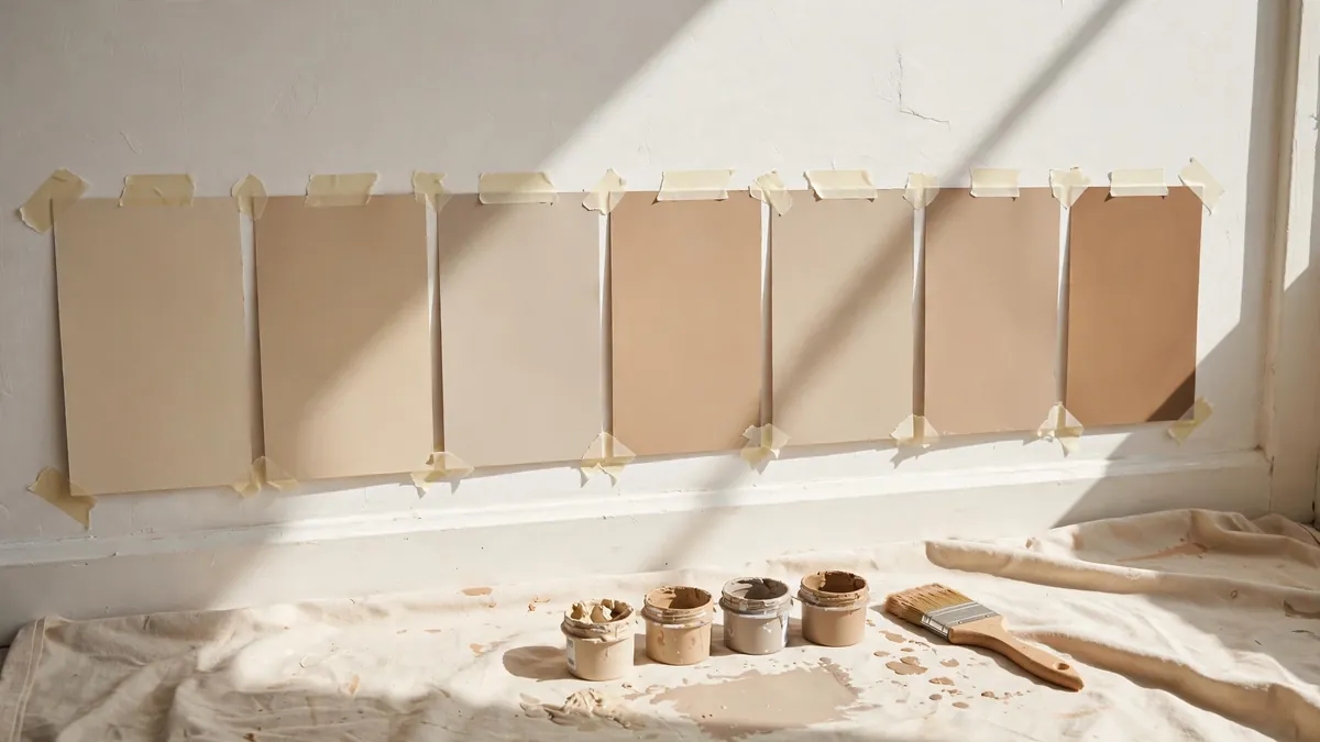 Paint sample swatch cards in warm neutral tones taped to a wall in bright Australian daylight for colour testing