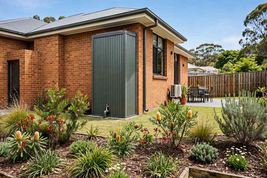 Slimline rainwater tank in woodland grey steel installed beside a brick Australian home with native garden