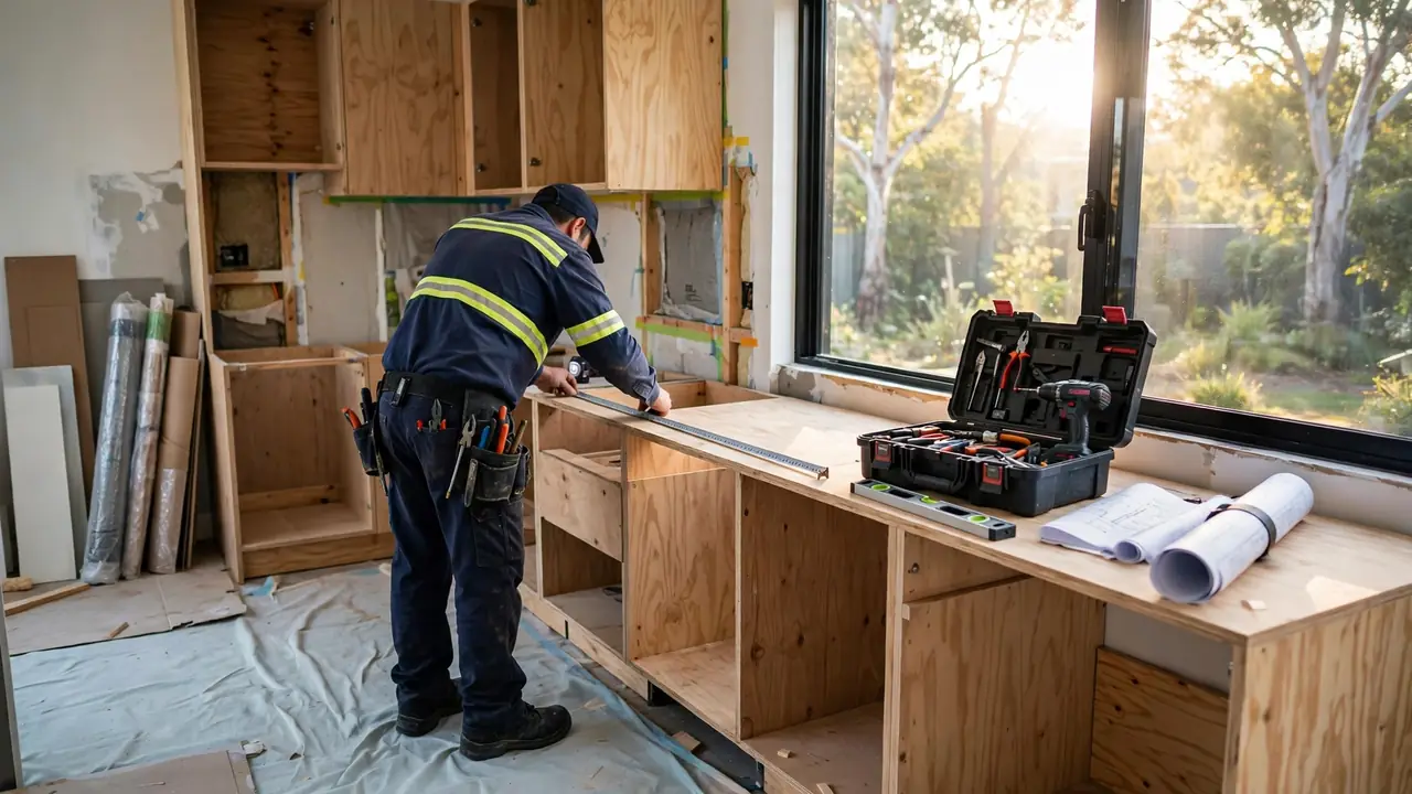 Carpenter measuring new kitchen cabinetry during a home renovation