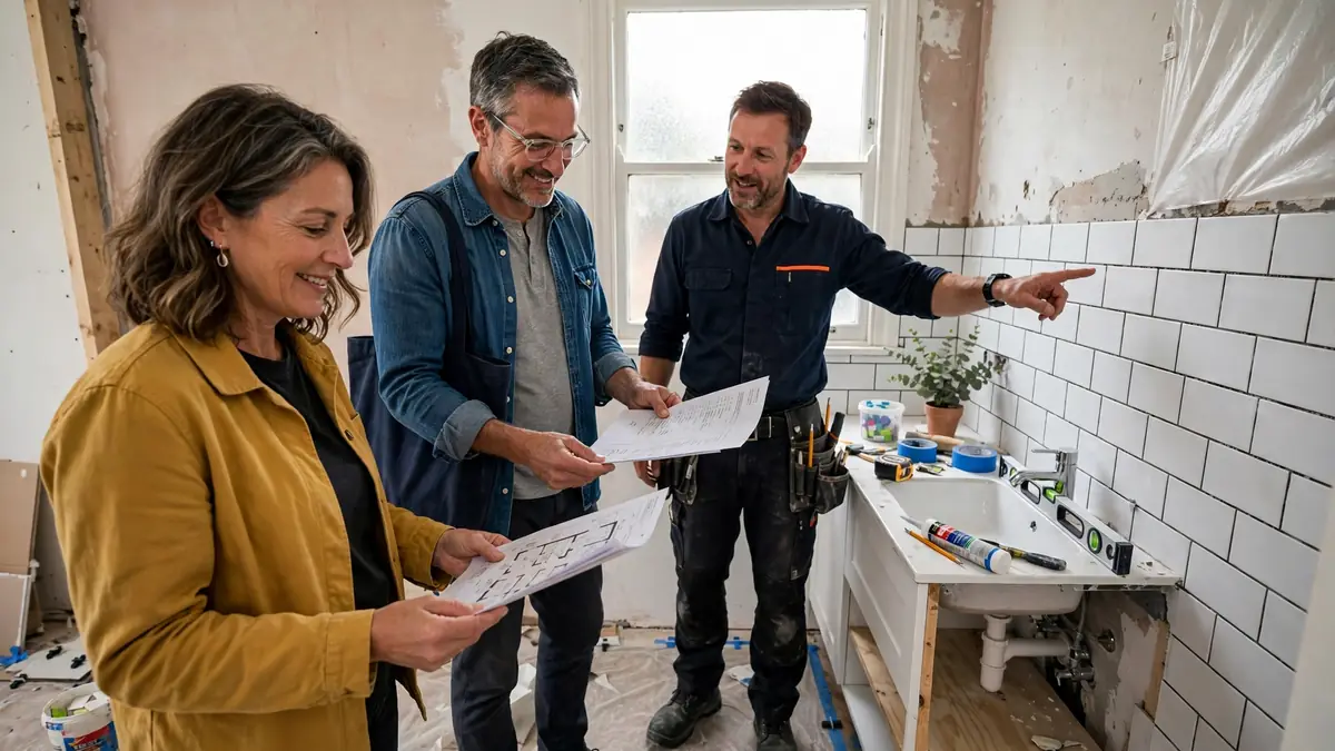 Homeowners reviewing renovation plans with a tradesperson