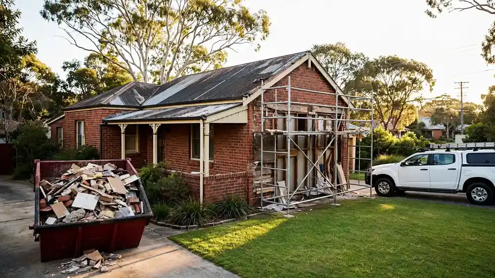 Older Australian brick home mid-renovation with skip bin in the driveway