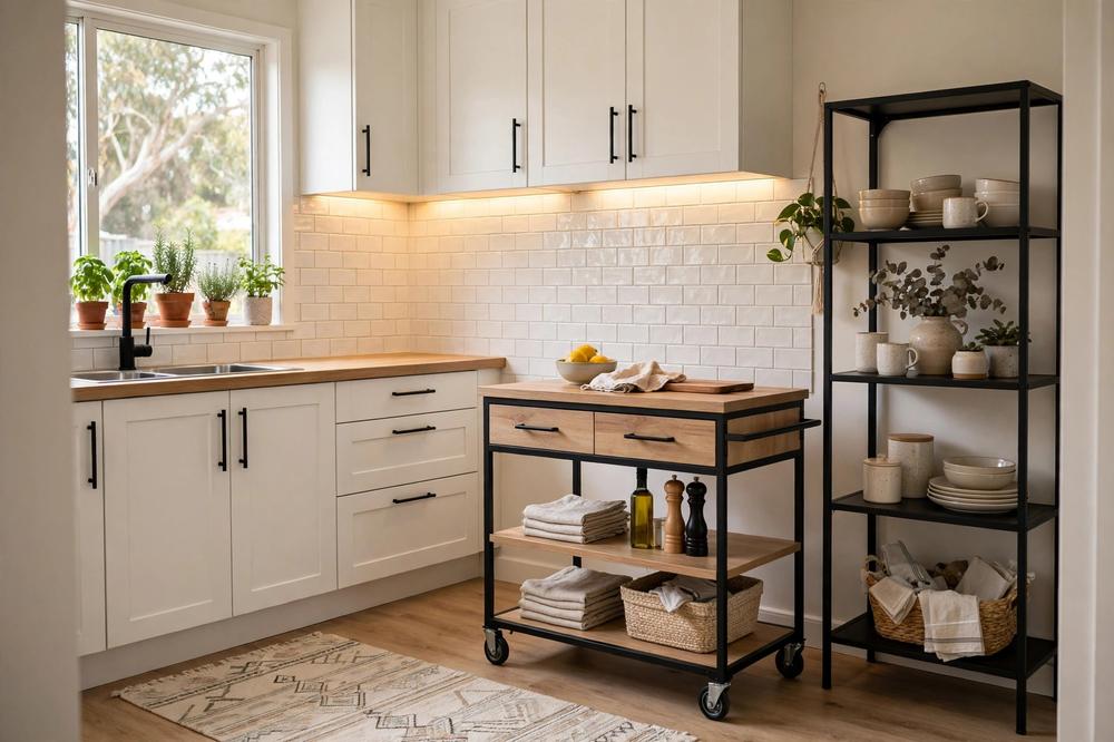 Bright rental kitchen with peel-and-stick subway tile splashback, new cabinet handles and freestanding shelving