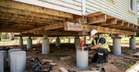Construction worker replacing concrete house stumps under a raised Queenslander timber home in Australia