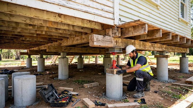 Construction worker replacing concrete house stumps under a raised Queenslander timber home in Australia