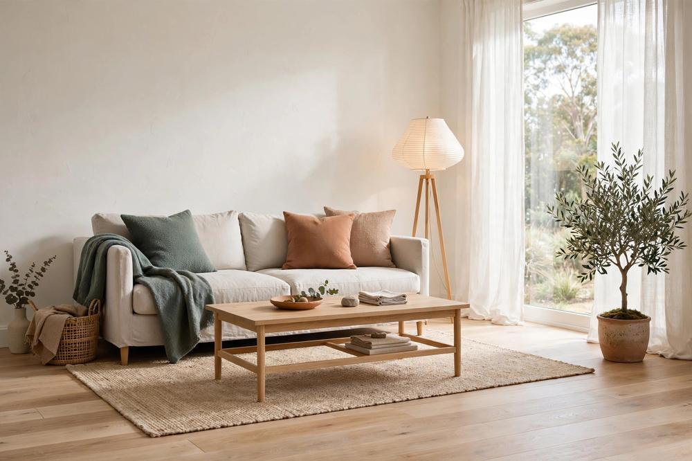 Scandinavian-style living room with pale oak floor, linen sofa and olive tree in an Australian home