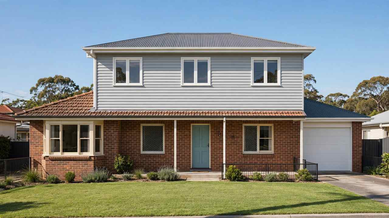 Australian brick bungalow with a new light-grey weatherboard second storey addition