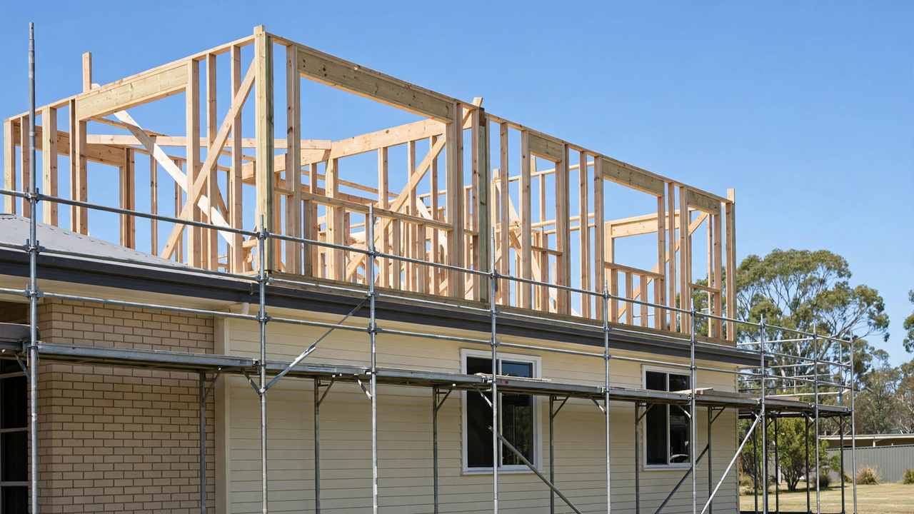 Timber wall framing of a new second storey being built above an Australian home, with scaffolding