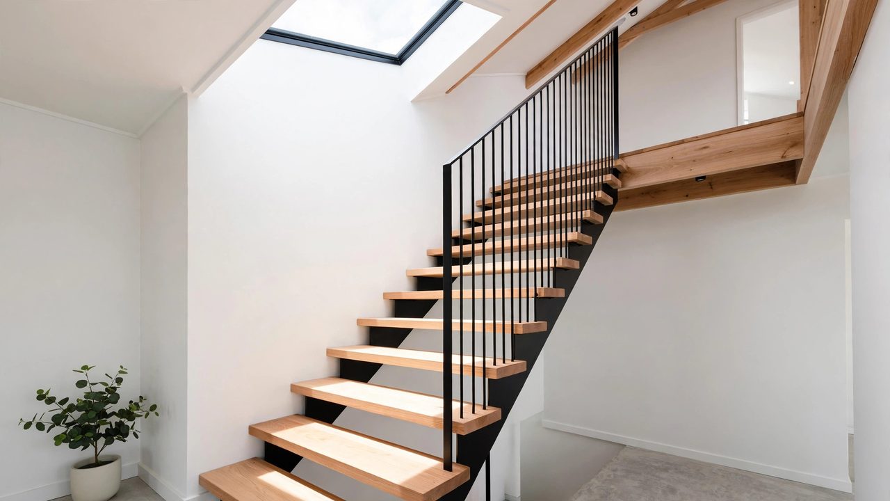 Bright modern timber staircase leading to a new second storey landing in an Australian home