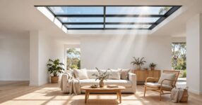 Glass skylight installed in ceiling of bright modern Australian living room with sunlight streaming onto timber floors